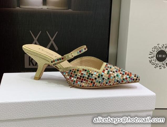 Best Grade Dior Muleat Heel Mules in Beige Cotton Embroidered with Square Strass 6.5cm 062154