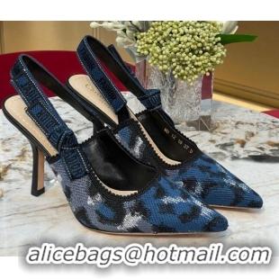 Unique Style Dior J'Adior Slingback Pumps 9.5cm in Blue and Black Mizza Embroidered Cotton 070209