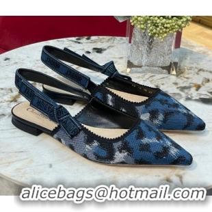 Grade Quality Dior J'Adior Slingback Ballerinas Flat in Blue and Black Mizza Embroidered Cotton 070211