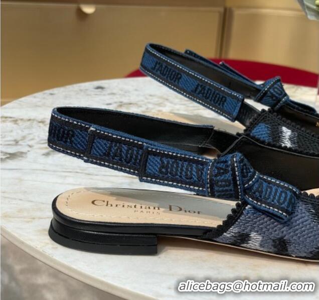 Grade Quality Dior J'Adior Slingback Ballerinas Flat in Blue and Black Mizza Embroidered Cotton 070211