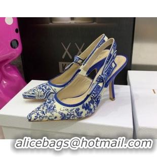 Pretty Style Dior J'Adior Slingback Pumps 9.5cm in Bright Blue Toile de Jouy Embroidered Cotton 070470