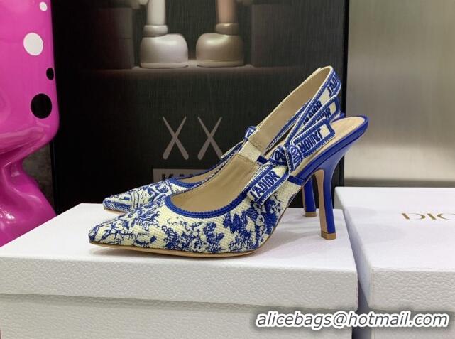 Pretty Style Dior J'Adior Slingback Pumps 9.5cm in Bright Blue Toile de Jouy Embroidered Cotton 070470