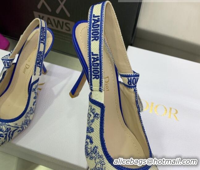 Pretty Style Dior J'Adior Slingback Pumps 9.5cm in Bright Blue Toile de Jouy Embroidered Cotton 070470