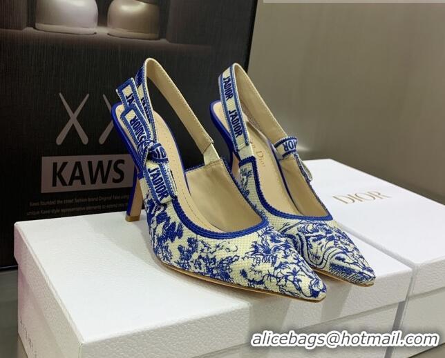 Pretty Style Dior J'Adior Slingback Pumps 9.5cm in Bright Blue Toile de Jouy Embroidered Cotton 070470