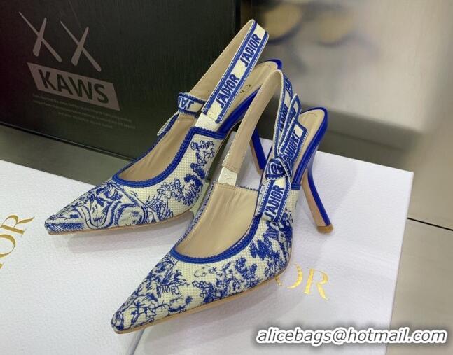 Pretty Style Dior J'Adior Slingback Pumps 9.5cm in Bright Blue Toile de Jouy Embroidered Cotton 070470