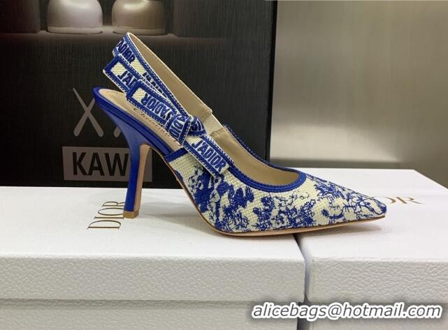 Pretty Style Dior J'Adior Slingback Pumps 9.5cm in Bright Blue Toile de Jouy Embroidered Cotton 070470