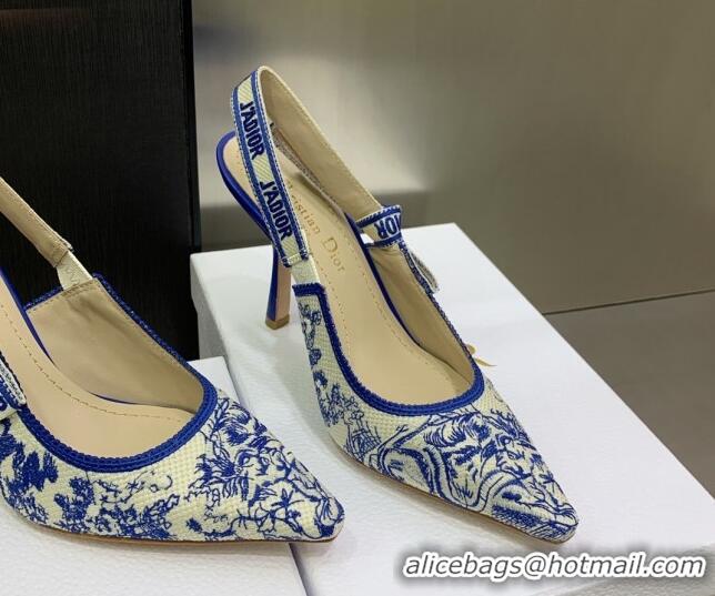 Pretty Style Dior J'Adior Slingback Pumps 9.5cm in Bright Blue Toile de Jouy Embroidered Cotton 070470