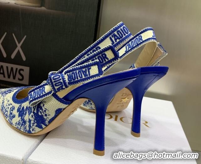 Pretty Style Dior J'Adior Slingback Pumps 9.5cm in Bright Blue Toile de Jouy Embroidered Cotton 070470