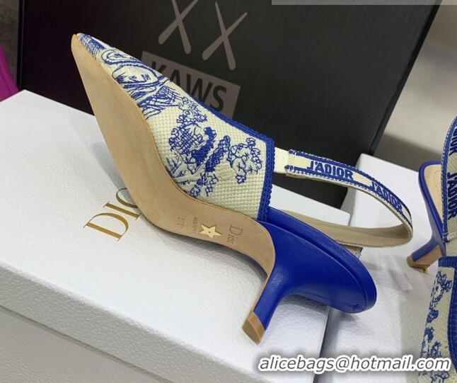 Discount Dior J'Adior Slingback Pumps 6.5cm in Bright Blue Toile de Jouy Embroidered Cotton 070471