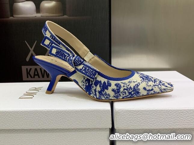 Discount Dior J'Adior Slingback Pumps 6.5cm in Bright Blue Toile de Jouy Embroidered Cotton 070471