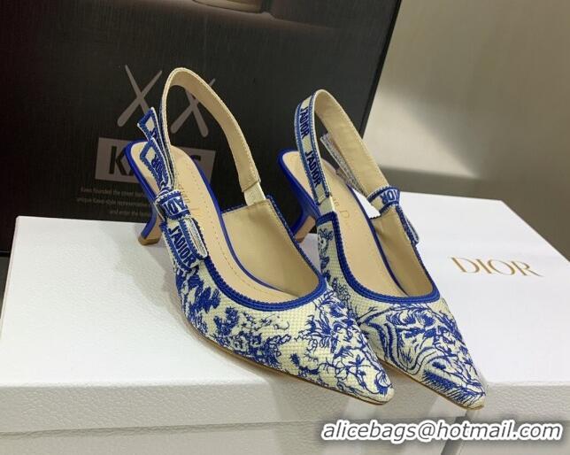 Discount Dior J'Adior Slingback Pumps 6.5cm in Bright Blue Toile de Jouy Embroidered Cotton 070471