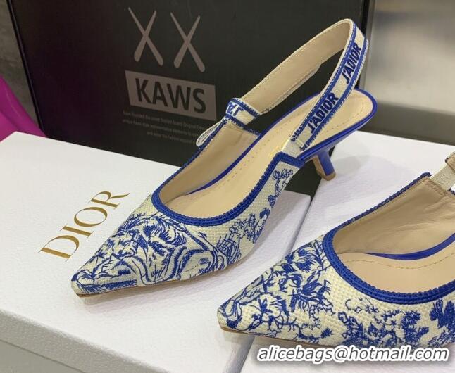 Discount Dior J'Adior Slingback Pumps 6.5cm in Bright Blue Toile de Jouy Embroidered Cotton 070471