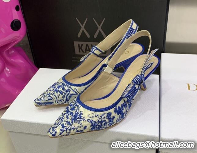 Discount Dior J'Adior Slingback Pumps 6.5cm in Bright Blue Toile de Jouy Embroidered Cotton 070471