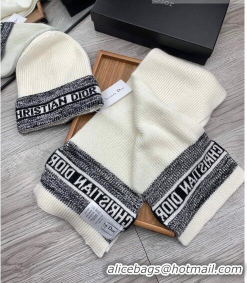 Top Quality Dior Knit Hat and Scarf Set 092370 White 2022