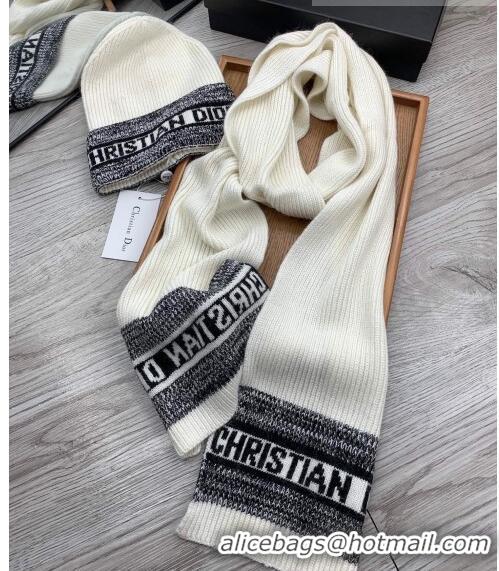 Top Quality Dior Knit Hat and Scarf Set 092370 White 2022