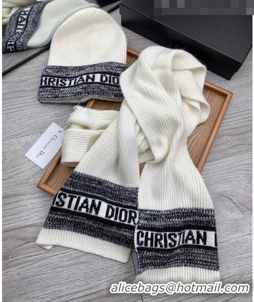 Top Quality Dior Knit Hat and Scarf Set 092370 White 2022