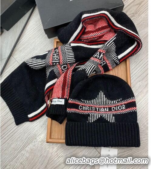 Good Taste Dior Star Wool Knit Hat and Scarf Set 092376 Black 2022