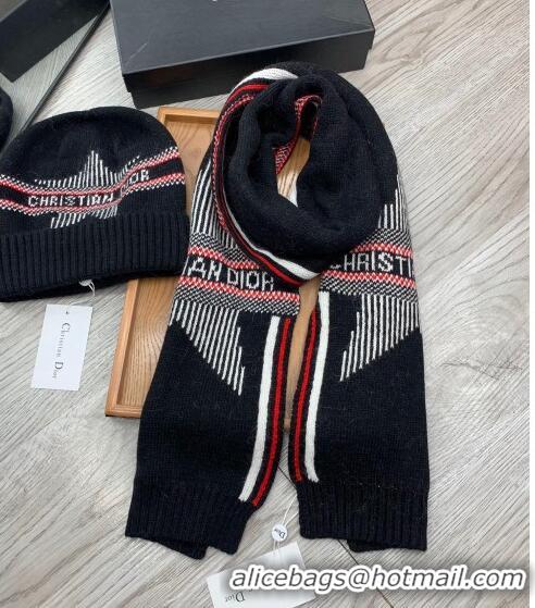 Good Taste Dior Star Wool Knit Hat and Scarf Set 092376 Black 2022