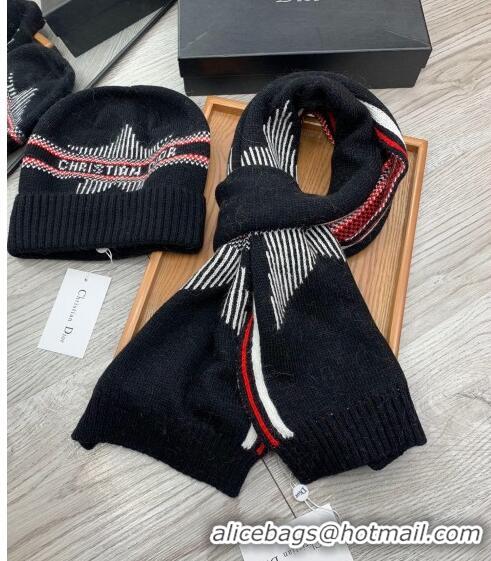 Good Taste Dior Star Wool Knit Hat and Scarf Set 092376 Black 2022