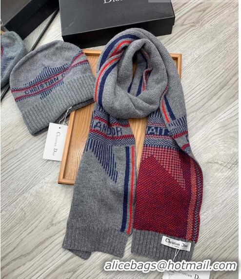 Best Price Dior Star Wool Knit Hat and Scarf Set 092376 Grey 2022