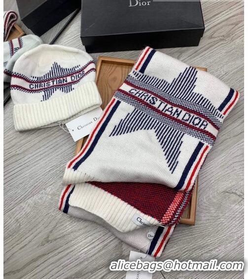 Buy Fashionable Dior Star Wool Knit Hat and Scarf Set 092376 White 2022