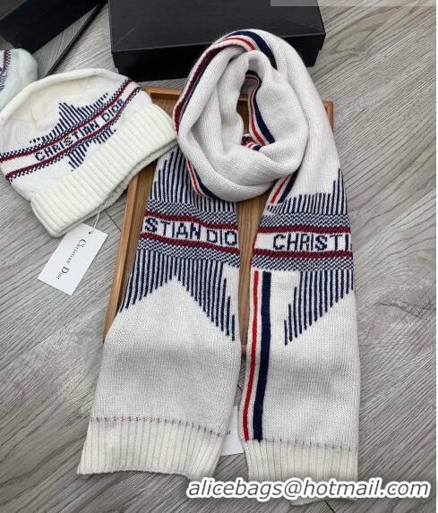 Buy Fashionable Dior Star Wool Knit Hat and Scarf Set 092376 White 2022