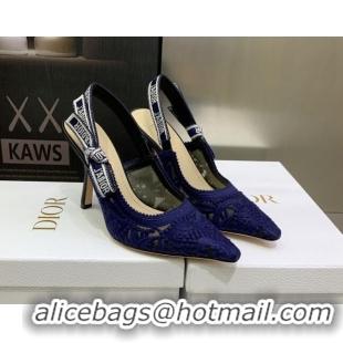 Fashion Dior J'Adior Slingback Pumps 9.5cm in Blue Macrame Embroidered Cotton 070473