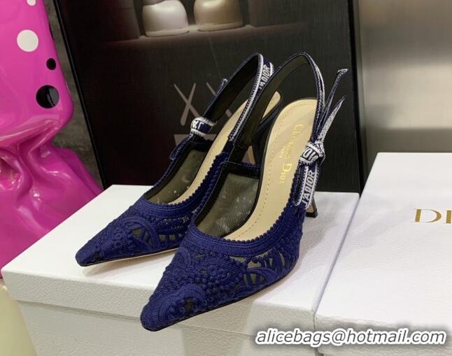 Fashion Dior J'Adior Slingback Pumps 9.5cm in Blue Macrame Embroidered Cotton 070473