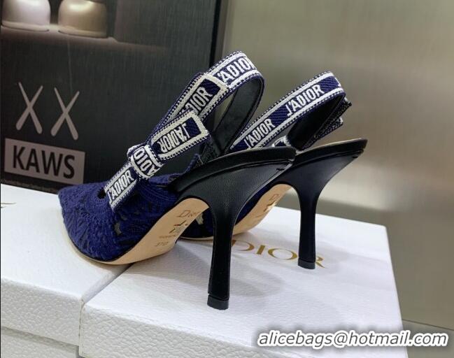 Fashion Dior J'Adior Slingback Pumps 9.5cm in Blue Macrame Embroidered Cotton 070473