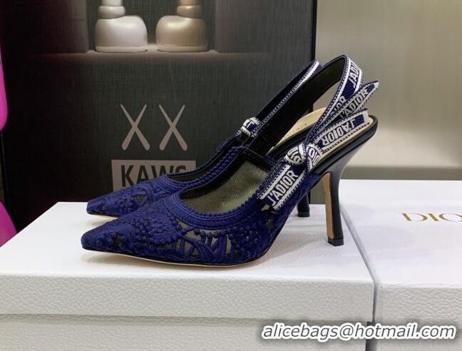 Fashion Dior J'Adior Slingback Pumps 9.5cm in Blue Macrame Embroidered Cotton 070473