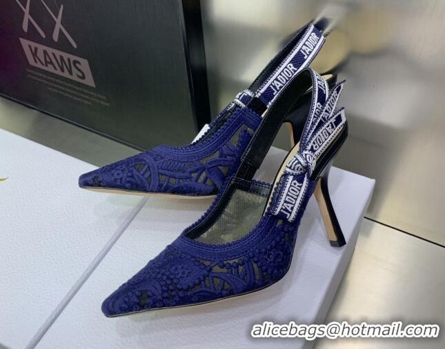 Fashion Dior J'Adior Slingback Pumps 9.5cm in Blue Macrame Embroidered Cotton 070473