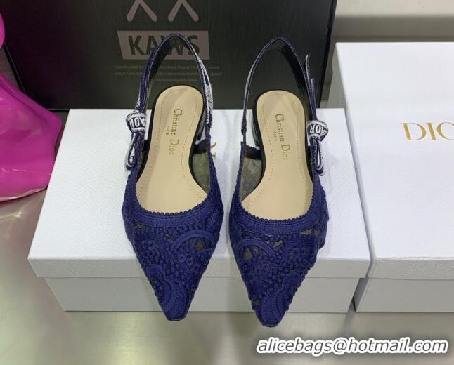 Sophisticated Dior J'Adior Slingback Ballerinas Flat in Blue Macrame Embroidered Cotton 070475