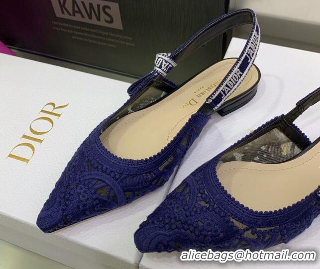 Sophisticated Dior J'Adior Slingback Ballerinas Flat in Blue Macrame Embroidered Cotton 070475