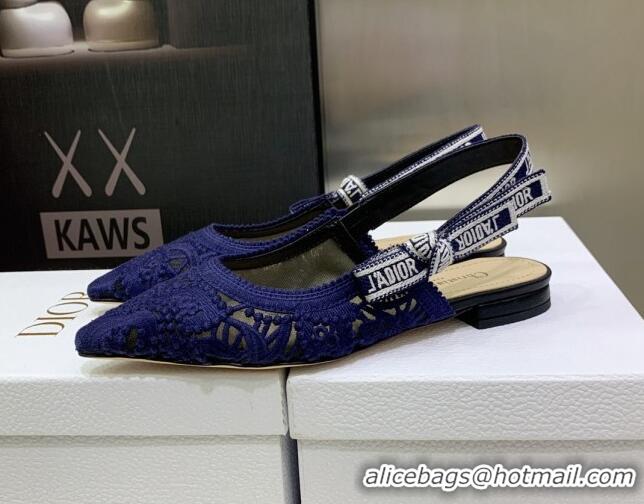 Sophisticated Dior J'Adior Slingback Ballerinas Flat in Blue Macrame Embroidered Cotton 070475