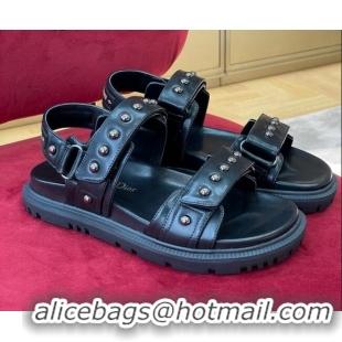 Good Quality Dior DiorAct Flat Strap Sandals in Lambskin and Studs Black 072020