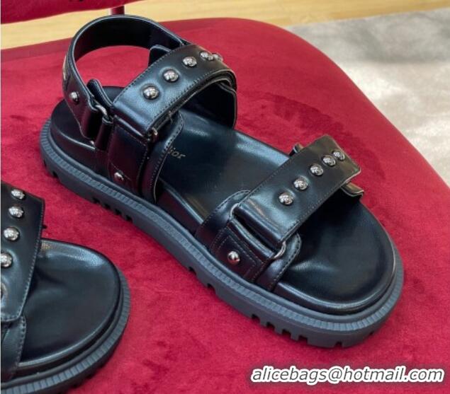 Good Quality Dior DiorAct Flat Strap Sandals in Lambskin and Studs Black 072020