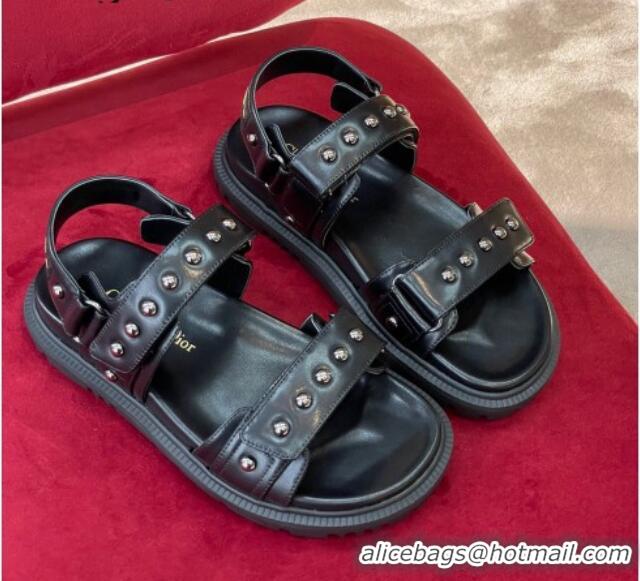 Good Quality Dior DiorAct Flat Strap Sandals in Lambskin and Studs Black 072020