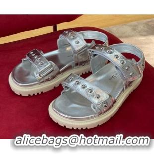 Crafted Dior DiorAct Flat Strap Sandals in Lambskin and Studs Silver 072021