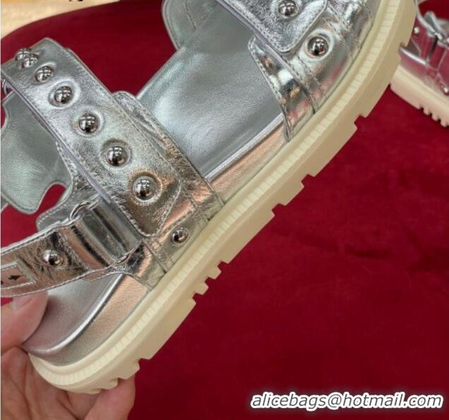 Crafted Dior DiorAct Flat Strap Sandals in Lambskin and Studs Silver 072021