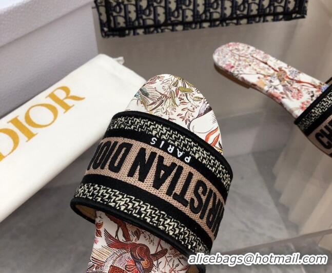 Expensive Dior Dway Flats Slides in White Multicolor Embroidered Cotton with Jardin d'Hiver Motif 080928