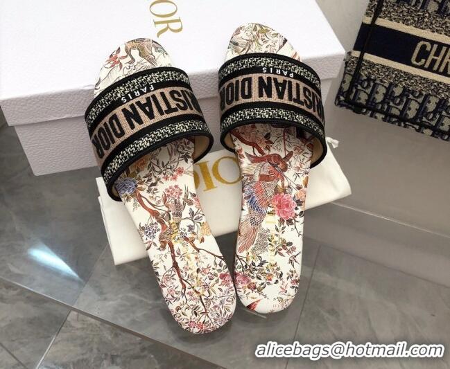 Expensive Dior Dway Flats Slides in White Multicolor Embroidered Cotton with Jardin d'Hiver Motif 080928