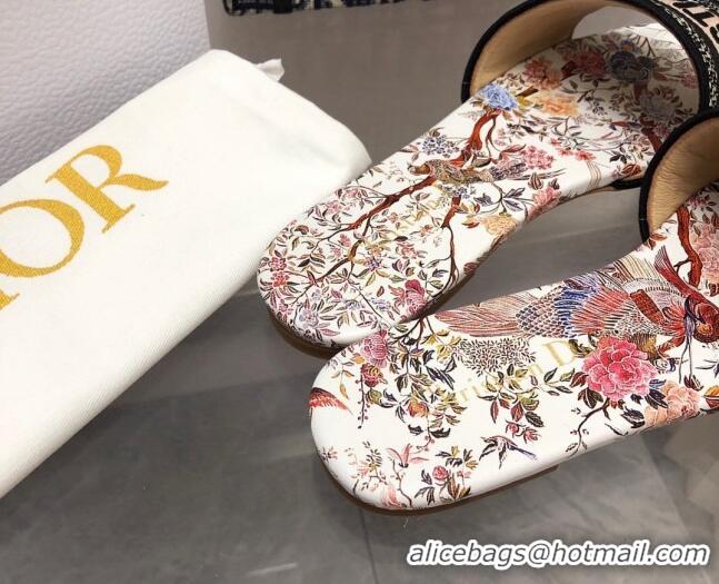 Expensive Dior Dway Flats Slides in White Multicolor Embroidered Cotton with Jardin d'Hiver Motif 080928