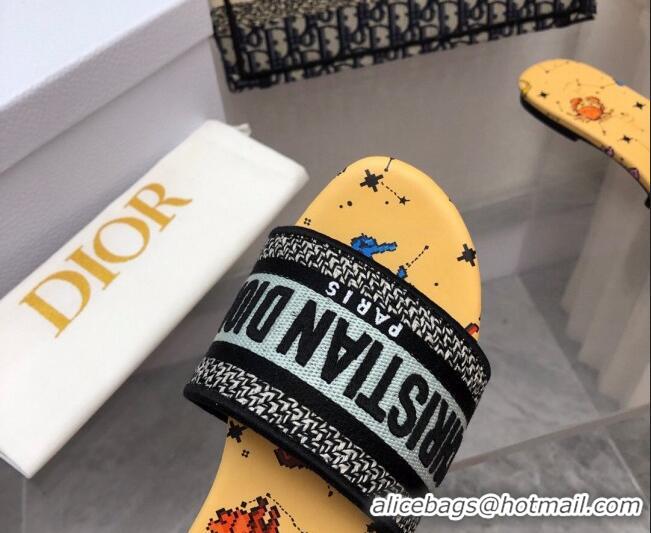 Discount Dior Dway Flats Slides in Yellow Multicolor Pixel Zodiac Embroidery 080929