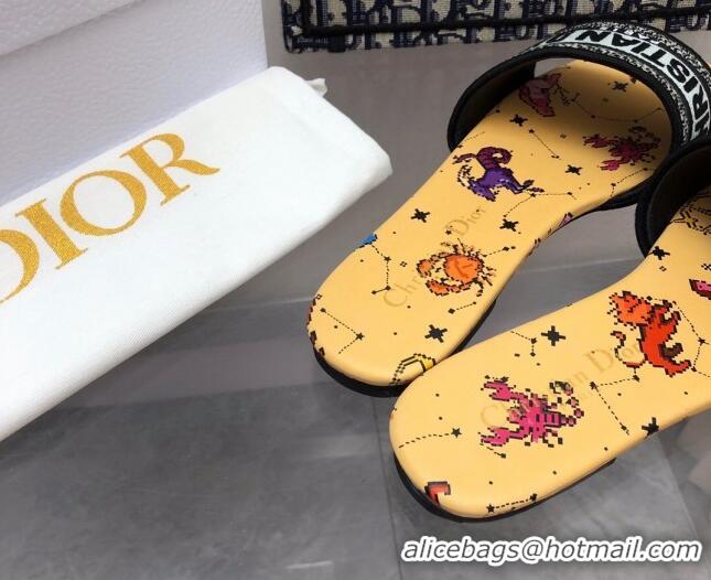 Discount Dior Dway Flats Slides in Yellow Multicolor Pixel Zodiac Embroidery 080929