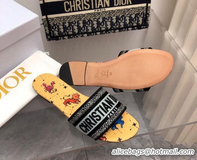 Discount Dior Dway Flats Slides in Yellow Multicolor Pixel Zodiac Embroidery 080929