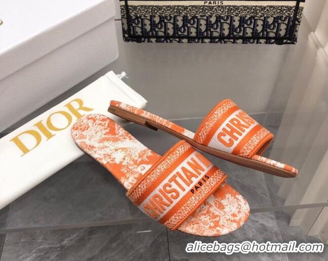 Pretty Style Dior Dway Flat Slides in Bright Orange Toile de Jouy Embroidered Cotton 080931