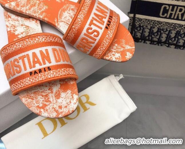 Pretty Style Dior Dway Flat Slides in Bright Orange Toile de Jouy Embroidered Cotton 080931