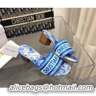 Fashion Dior Dway Heel Slide Sandals 4cm in Bright Blue Toile de Jouy Embroidered Cotton 080932