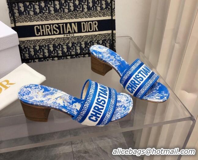 Fashion Dior Dway Heel Slide Sandals 4cm in Bright Blue Toile de Jouy Embroidered Cotton 080932