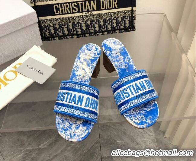 Fashion Dior Dway Heel Slide Sandals 4cm in Bright Blue Toile de Jouy Embroidered Cotton 080932